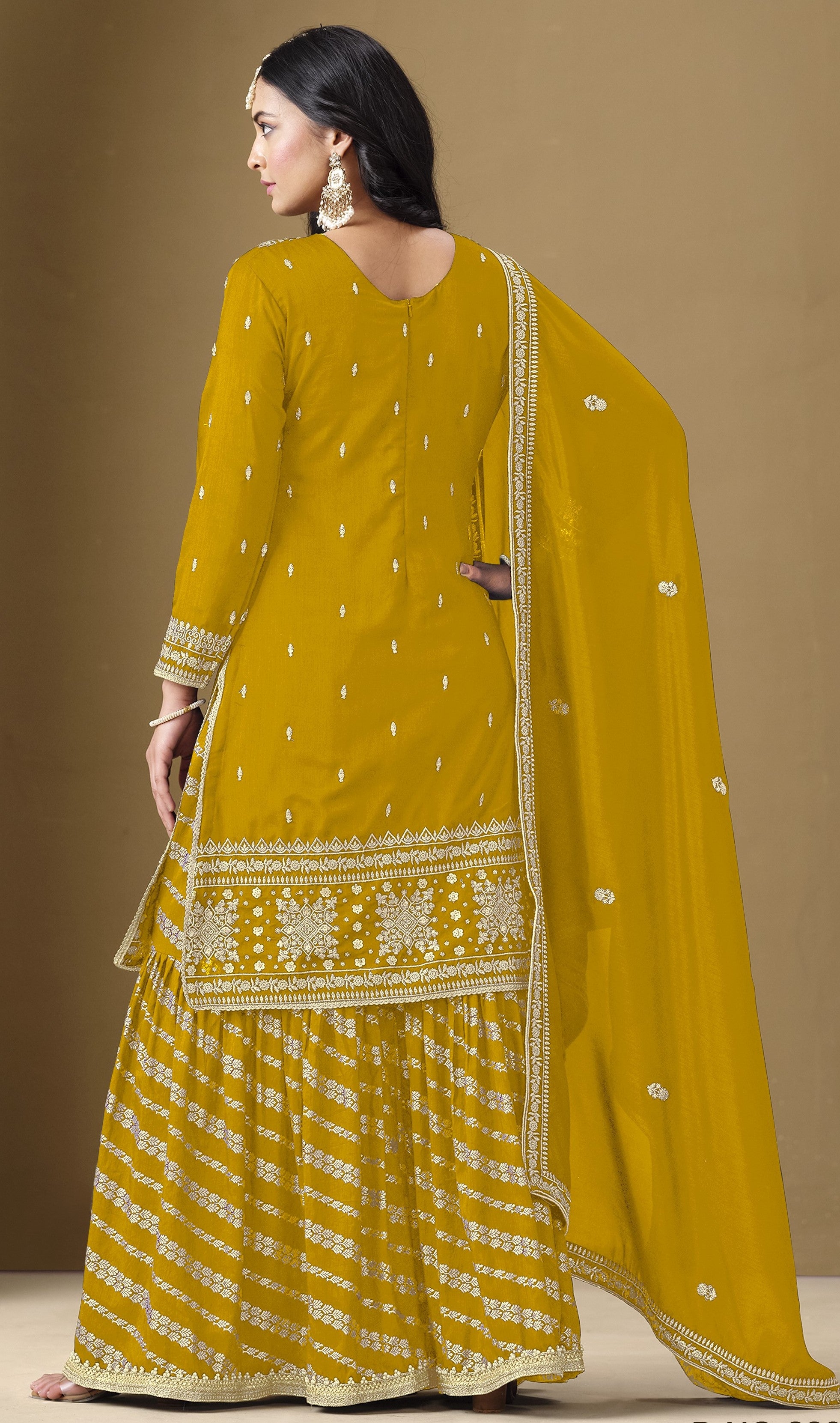 Dark Yellow Art Silk Sharara Suit For Women Indian Festivals & Weddings - Embroidery Work