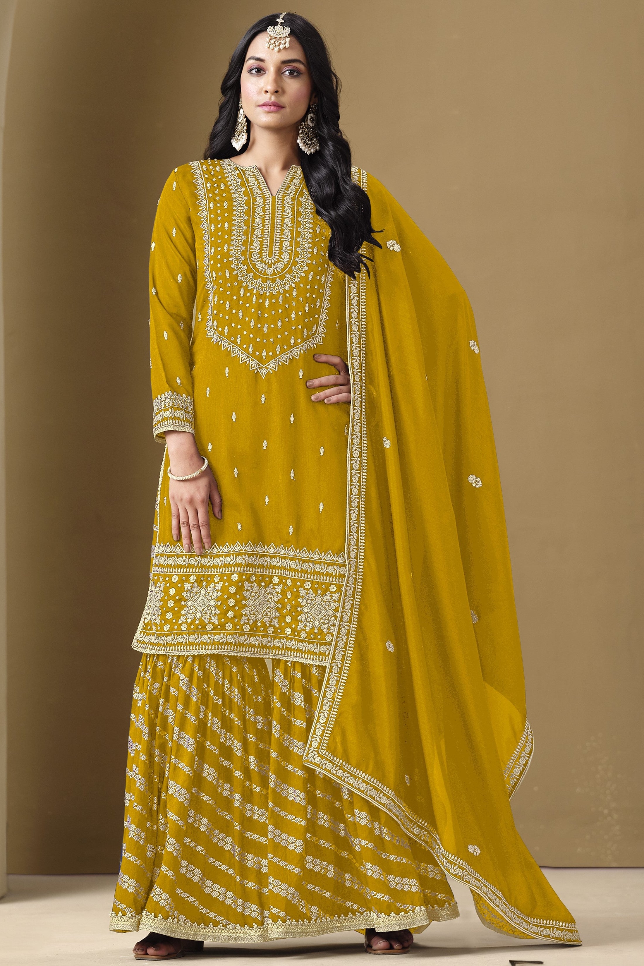 Dark Yellow Art Silk Sharara Suit For Women Indian Festivals & Weddings - Embroidery Work