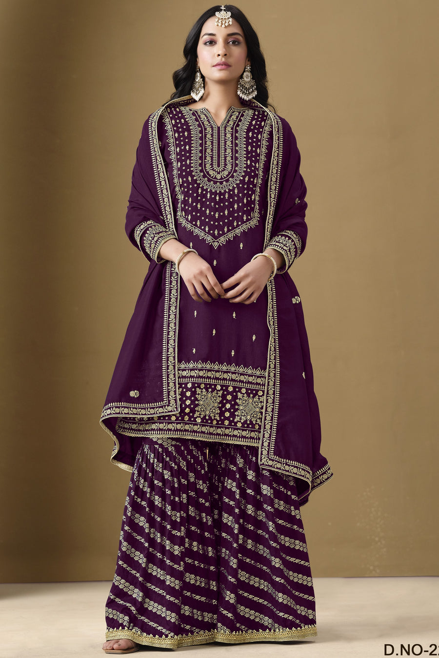 Dark Purple Art Silk Sharara Suit For Women Indian Festivals & Pakistani Weddings - Embroidery Work