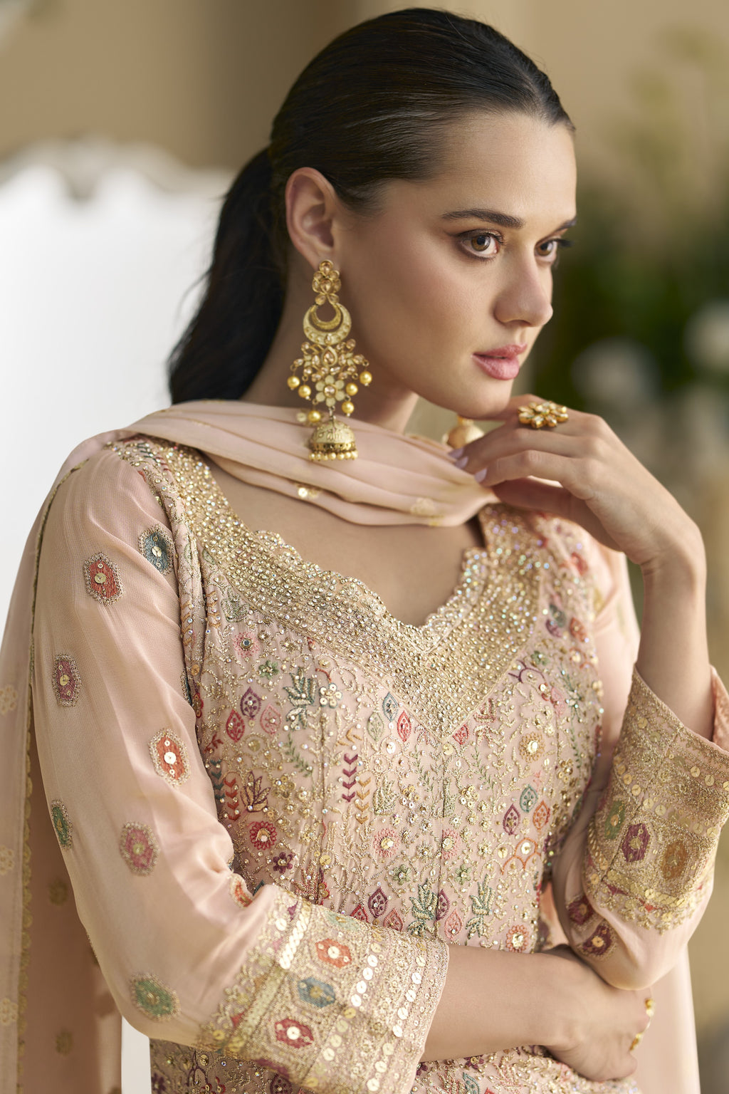 Light Peach Georgette Palazzo Suit For Indian & Pakistani Wedding Festival -Embroidery Work, Swarovski Work