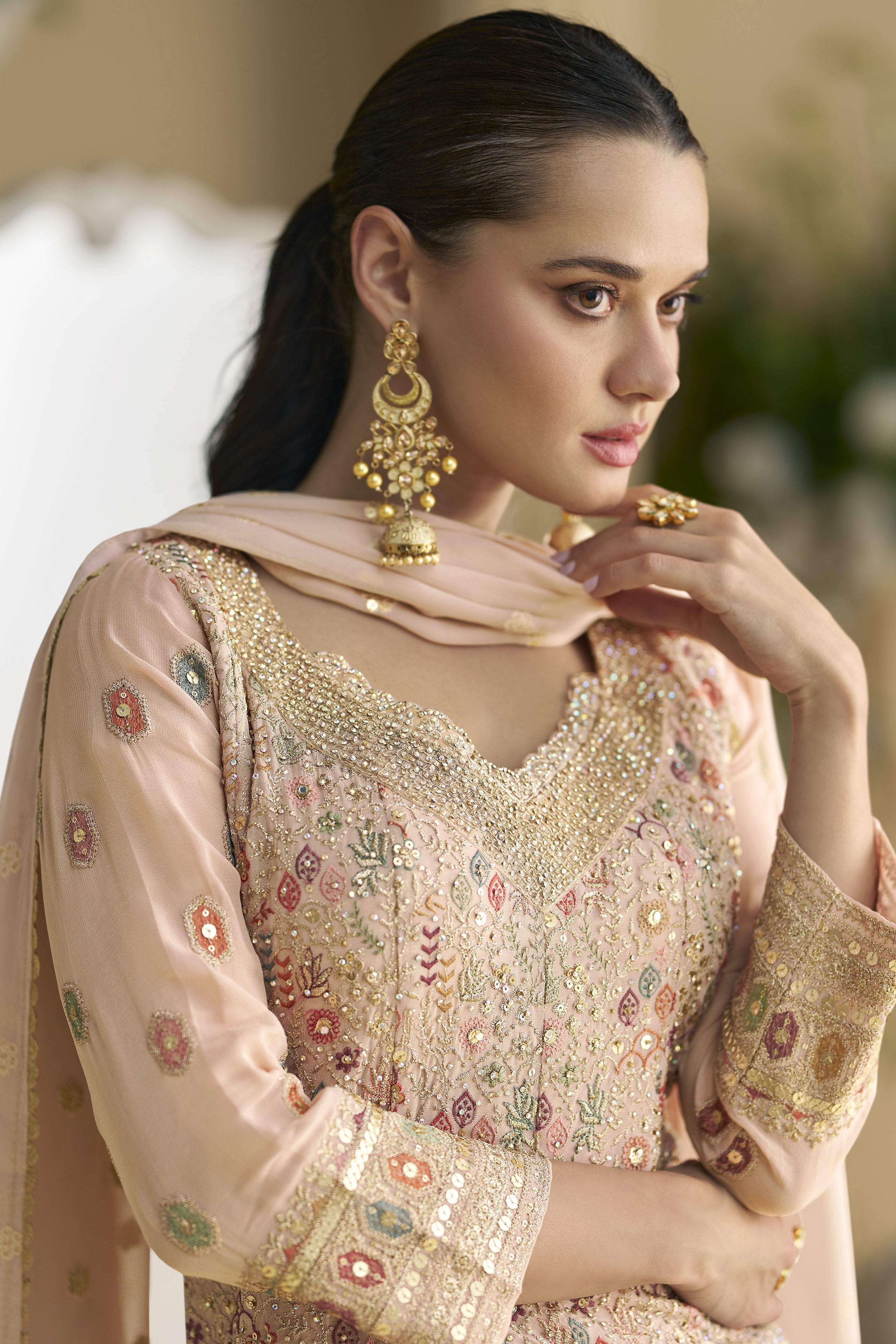 Light Peach Georgette Palazzo Suit For Indian & Pakistani Wedding Festival -Embroidery Work, Swarovski Work