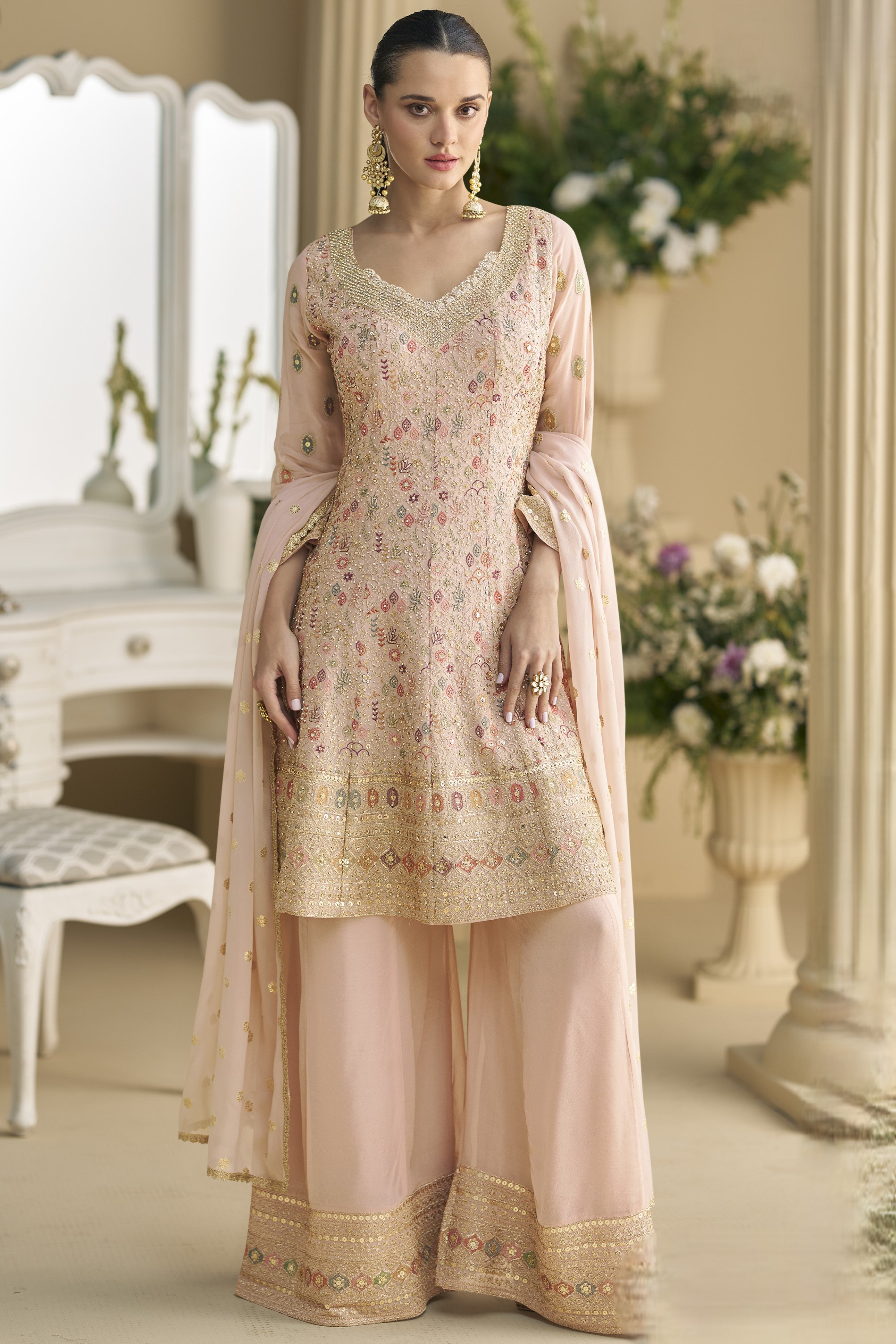 Light Peach Georgette Palazzo Suit For Indian & Pakistani Wedding Festival -Embroidery Work, Swarovski Work