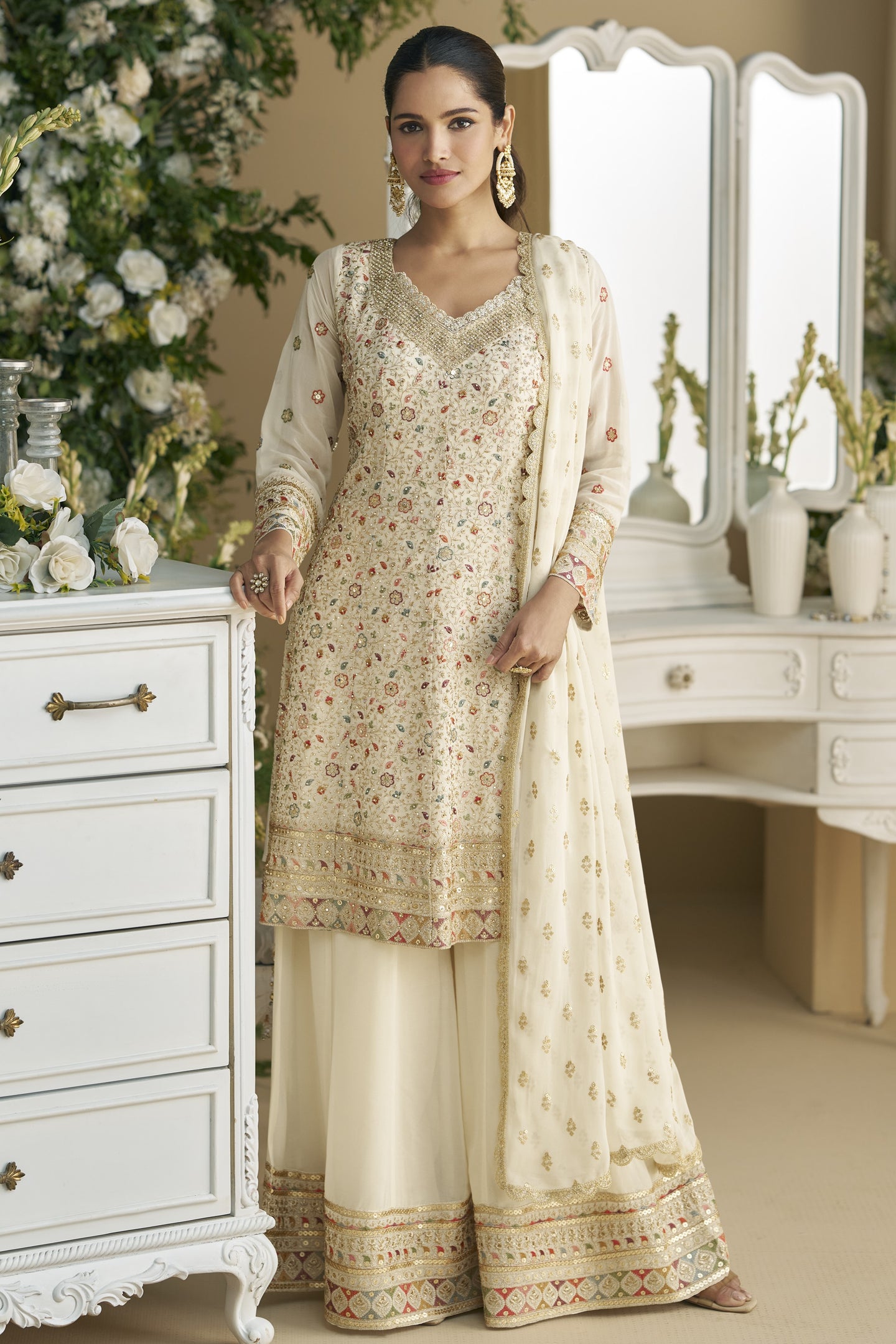 Beige Georgette Palazzo Suit For Indian Wedding & Pakistani Festival - Embroidery Work, Swarovski Work
