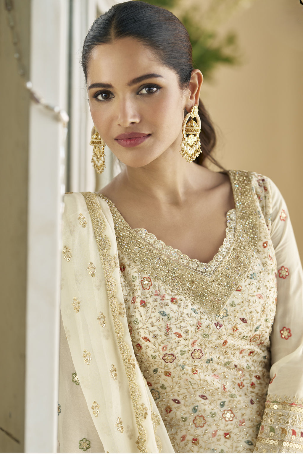 Beige Georgette Palazzo Suit For Indian Wedding & Pakistani Festival - Embroidery Work, Swarovski Work