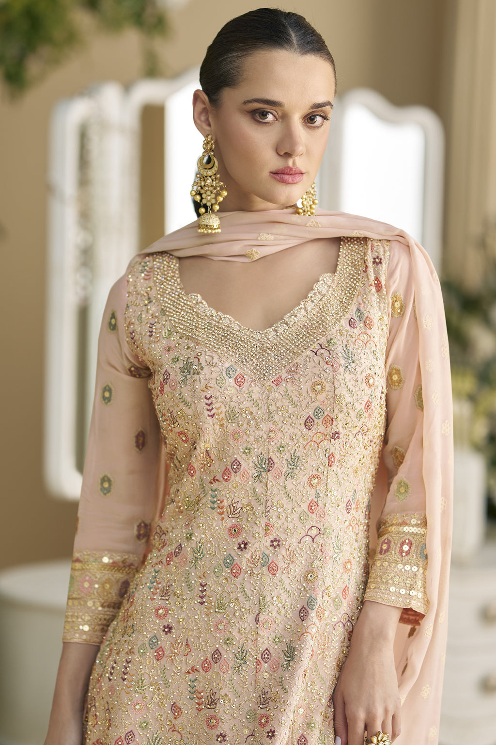 Light Peach Georgette Palazzo Suit For Indian & Pakistani Wedding Festival -Embroidery Work, Swarovski Work