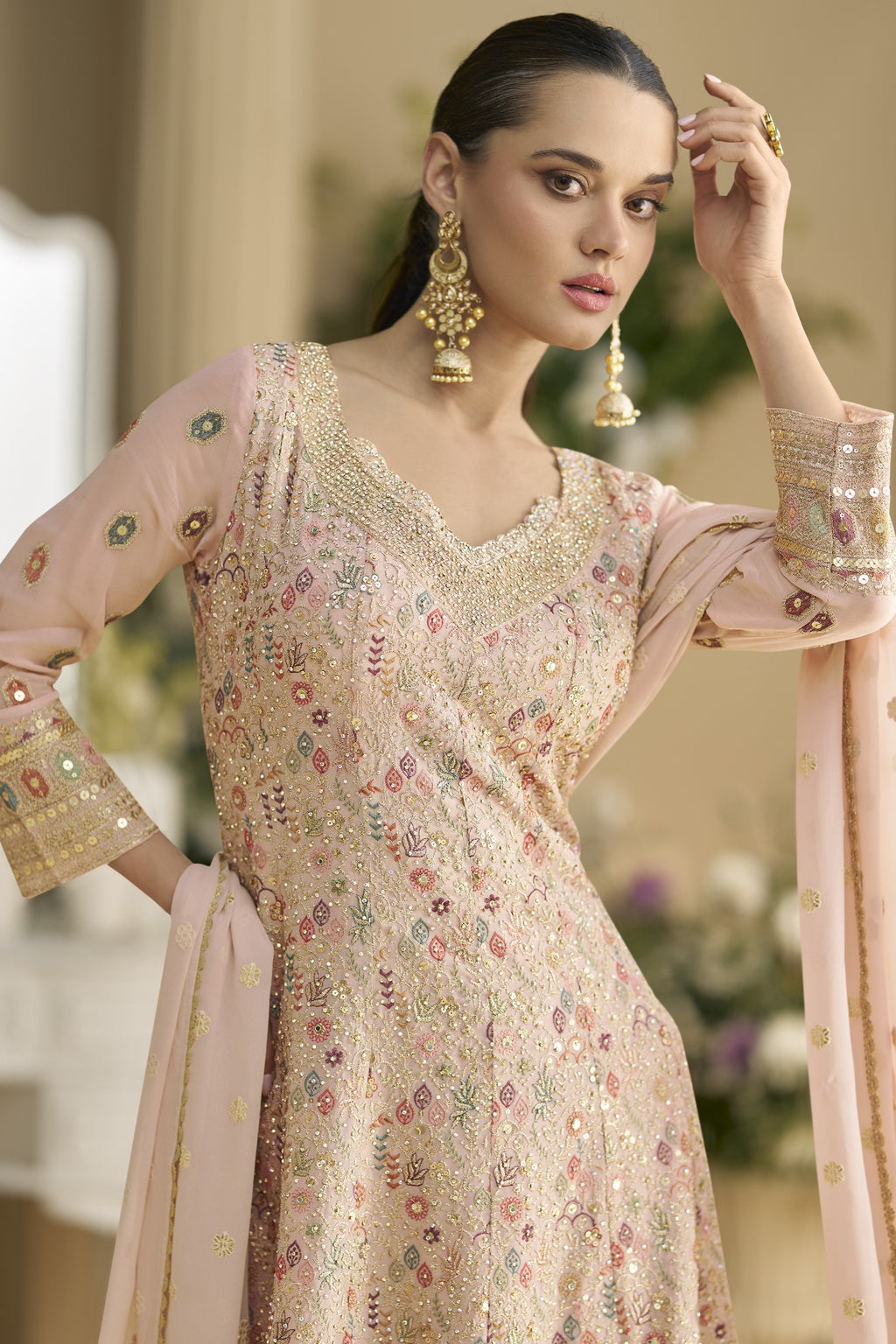 Light Peach Georgette Palazzo Suit For Indian & Pakistani Wedding Festival -Embroidery Work, Swarovski Work