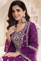 Purple Chiffon Silk Long Kameez Pant Suit For Indian Festivals & Weddings - Embroidery Work