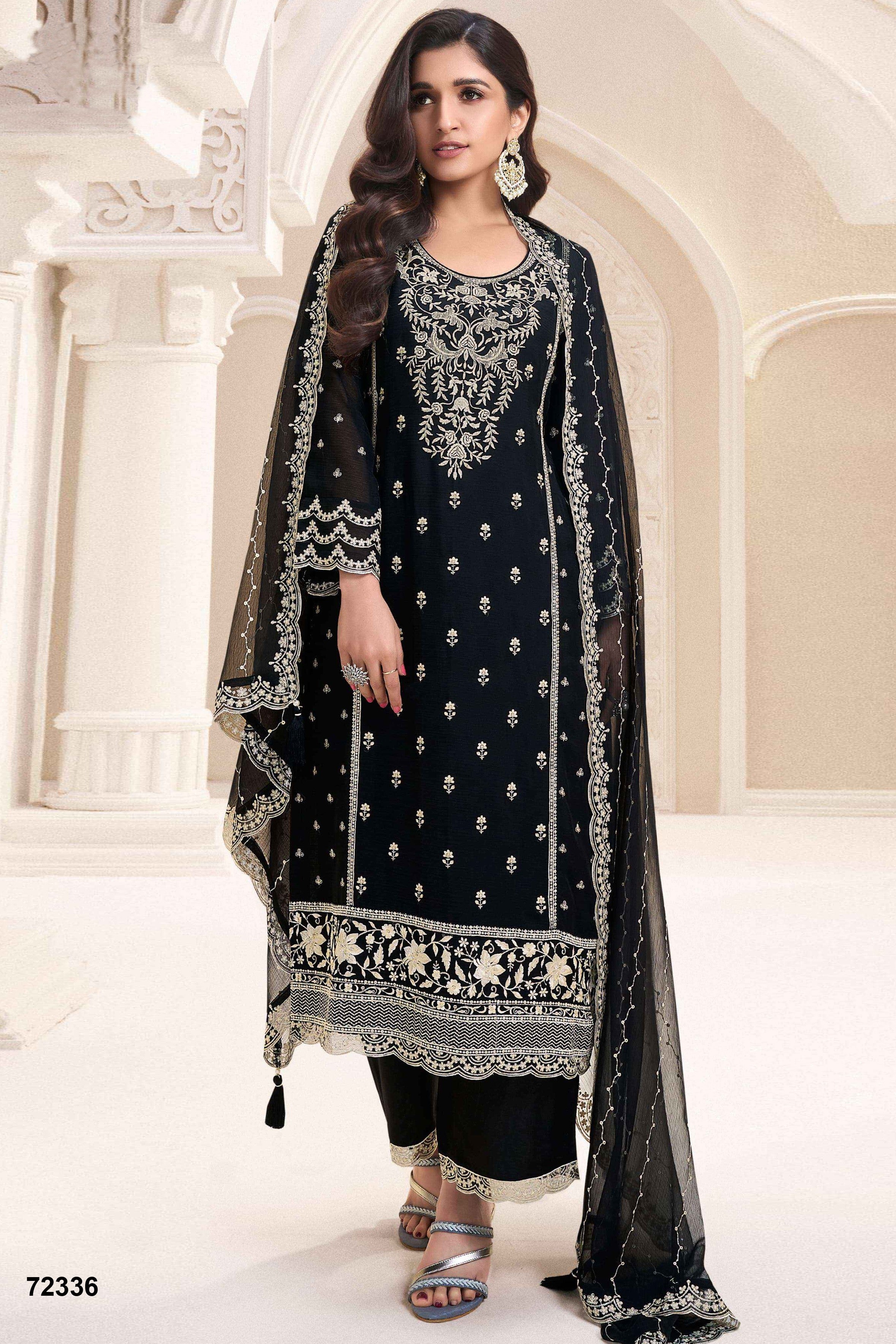 Black Chiffon Silk Long Kameez Pant Suit For Indian Festivals & Weddings - Embroidery Work
