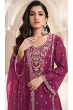 Maroon Chiffon Silk Long Kameez Pant Suit For Indian Festivals & Weddings - Embroidery Work