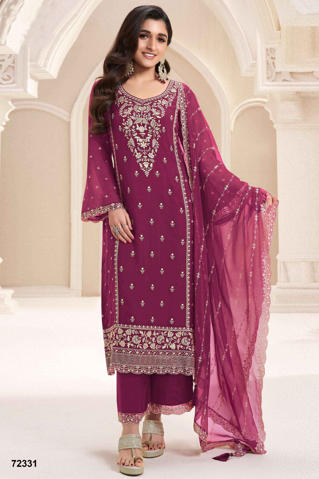 Maroon Chiffon Silk Long Kameez Pant Suit For Indian Festivals & Weddings - Embroidery Work