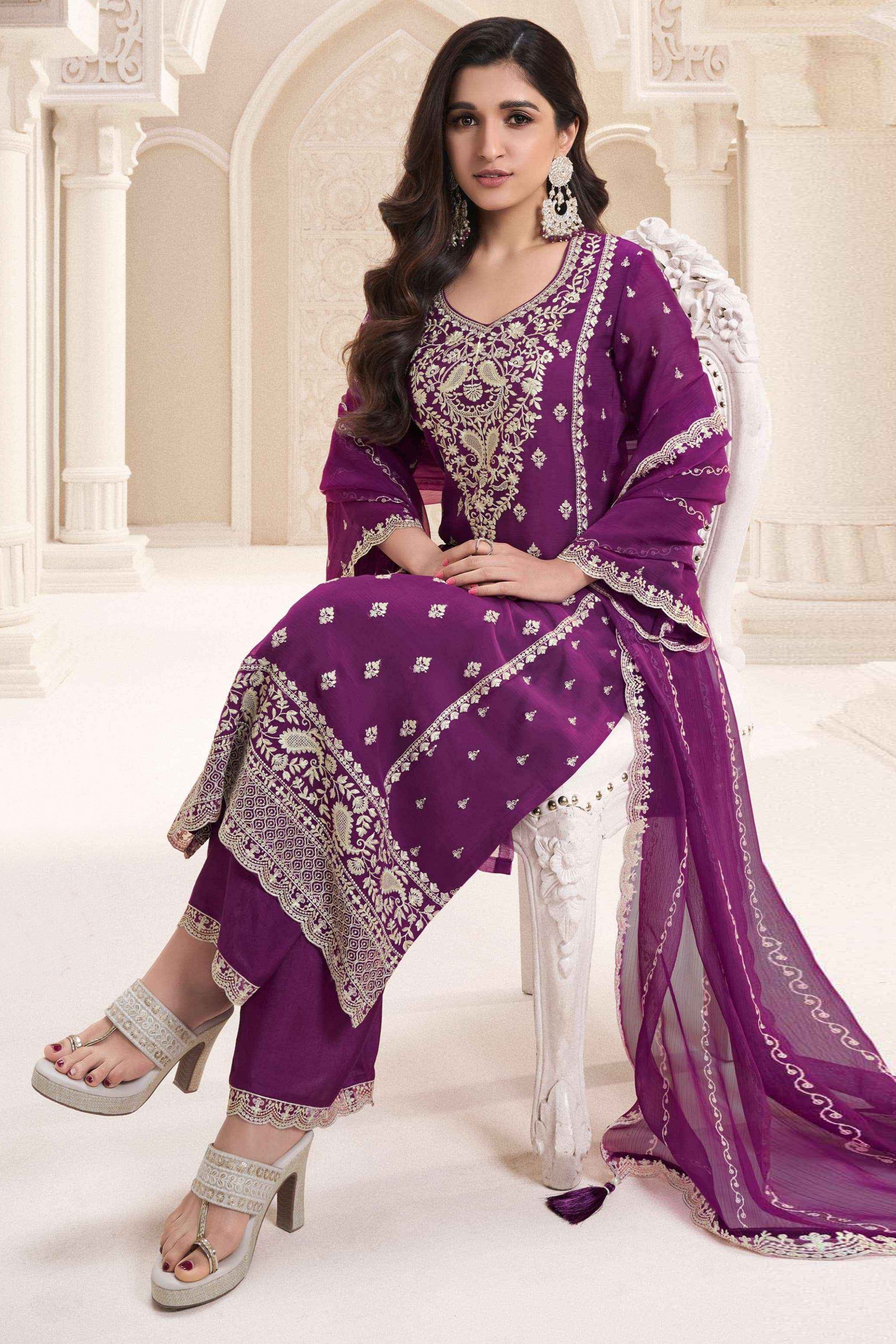 Purple Chiffon Silk Long Kameez Pant Suit For Indian Festivals & Weddings - Embroidery Work