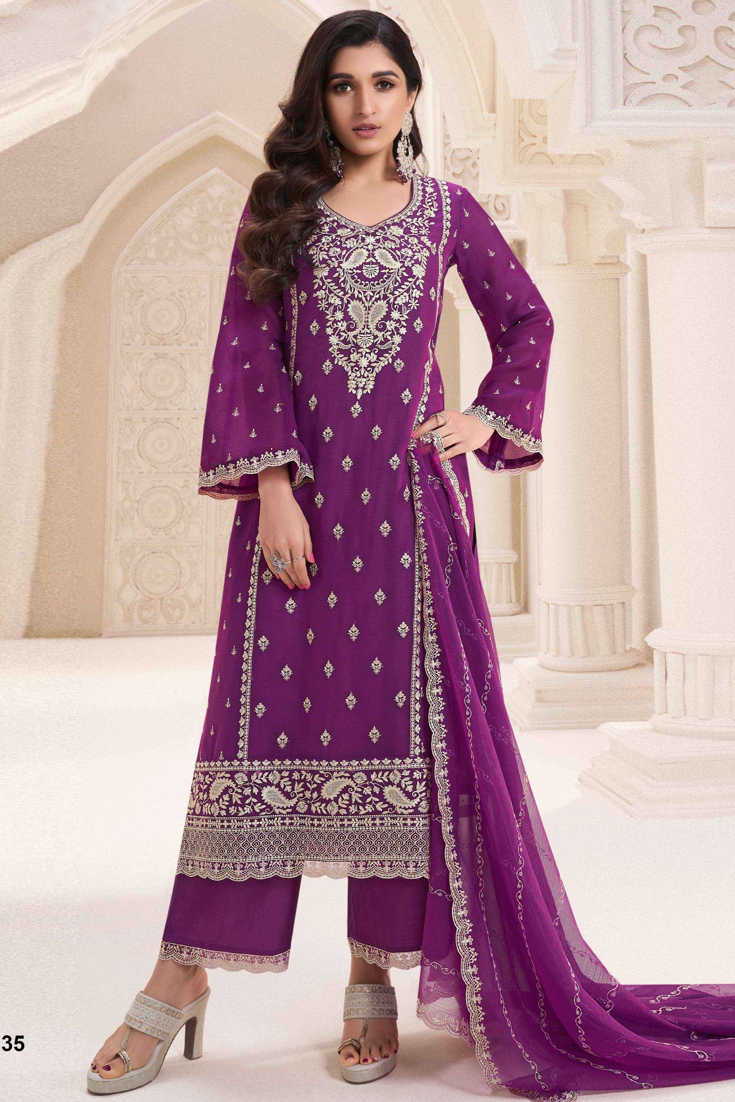 Purple Chiffon Silk Long Kameez Pant Suit For Indian Festivals & Weddings - Embroidery Work