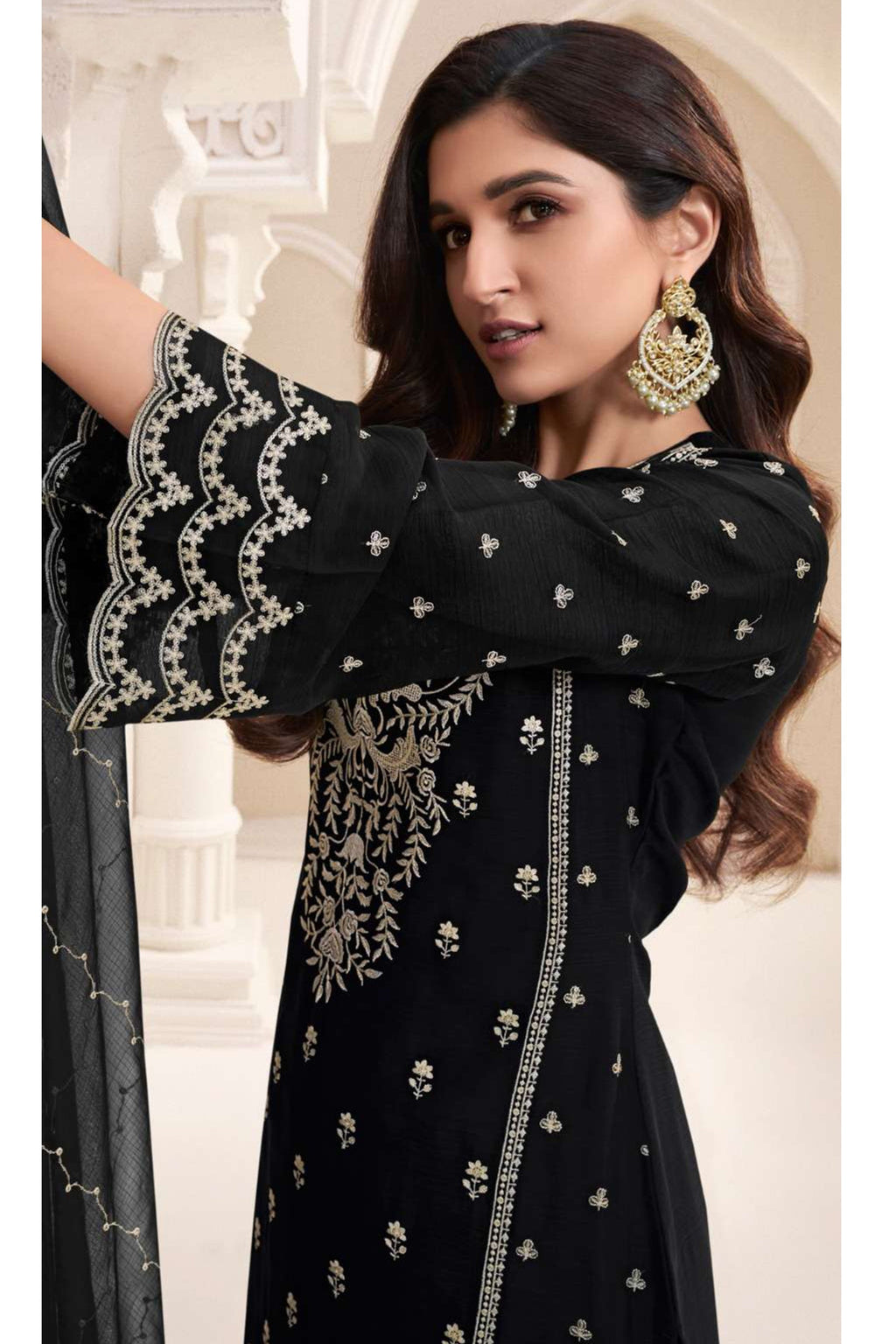 Black Chiffon Silk Long Kameez Pant Suit For Indian Festivals & Weddings - Embroidery Work