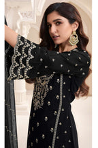 Black Chiffon Silk Long Kameez Pant Suit For Indian Festivals & Weddings - Embroidery Work