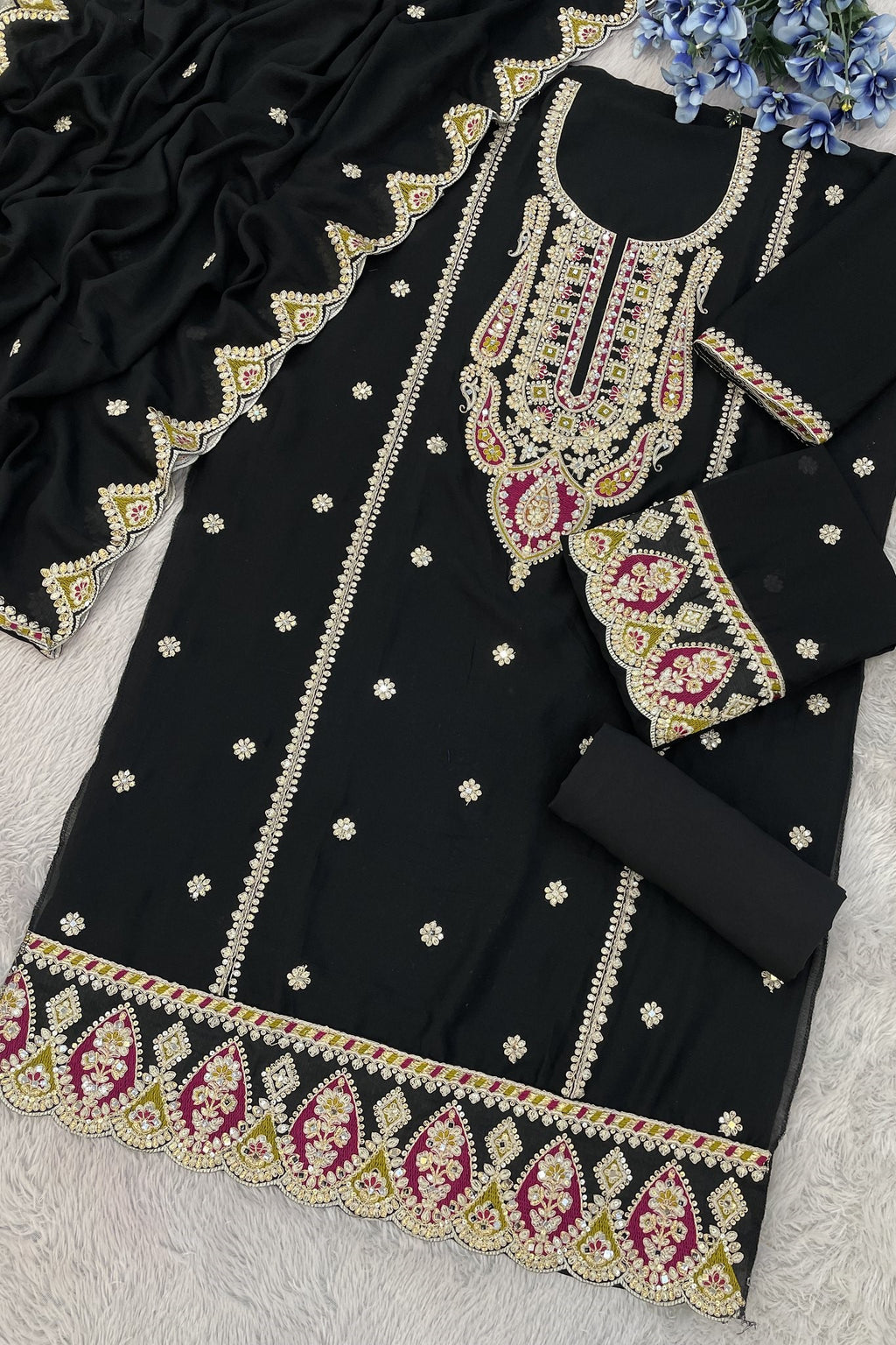 Black Chinon Silk Kameez With Palazzo Suit For Indian & Pakistani Wedding Festival - Thread & Sequence Embroidery