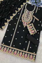 Black Chinon Silk Kameez With Palazzo Suit For Indian & Pakistani Wedding Festival - Thread & Sequence Embroidery