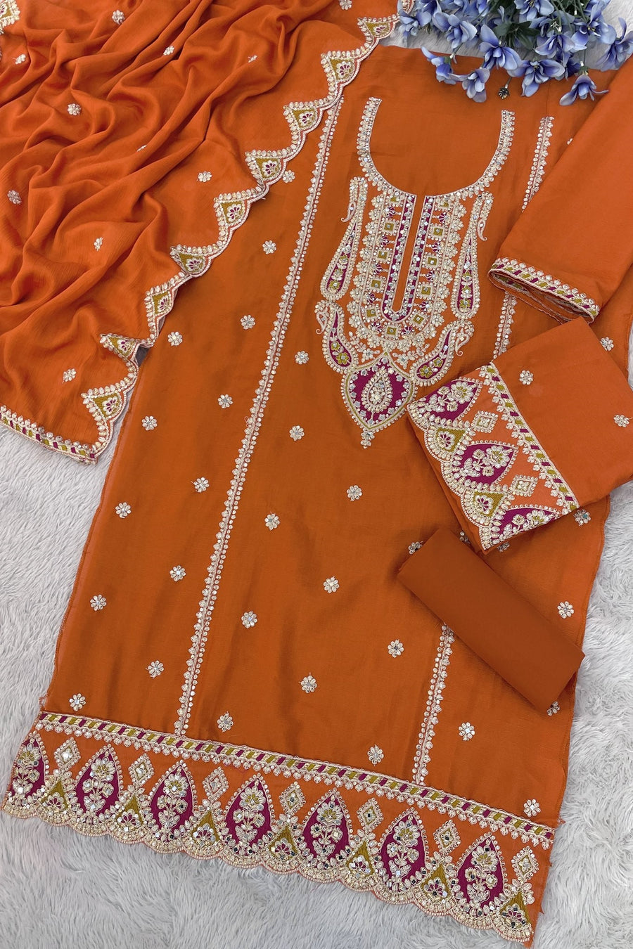 Orange Chinon Silk Kameez With Palazzo Suit For Indian & Pakistani Wedding Festival - Thread & Sequence Embroidery