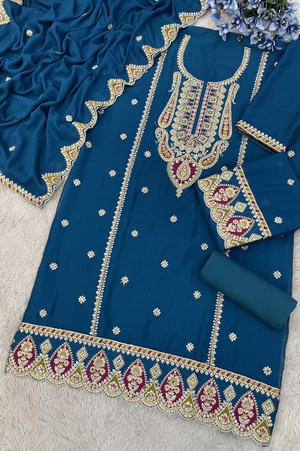 Teal Chinon Silk Kameez With Palazzo Suit For Indian & Pakistani Wedding Festival - Thread & Sequence Embroidery