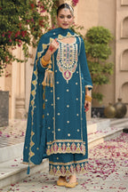 Teal Chinon Silk Kameez With Palazzo Suit For Indian & Pakistani Wedding Festival - Thread & Sequence Embroidery