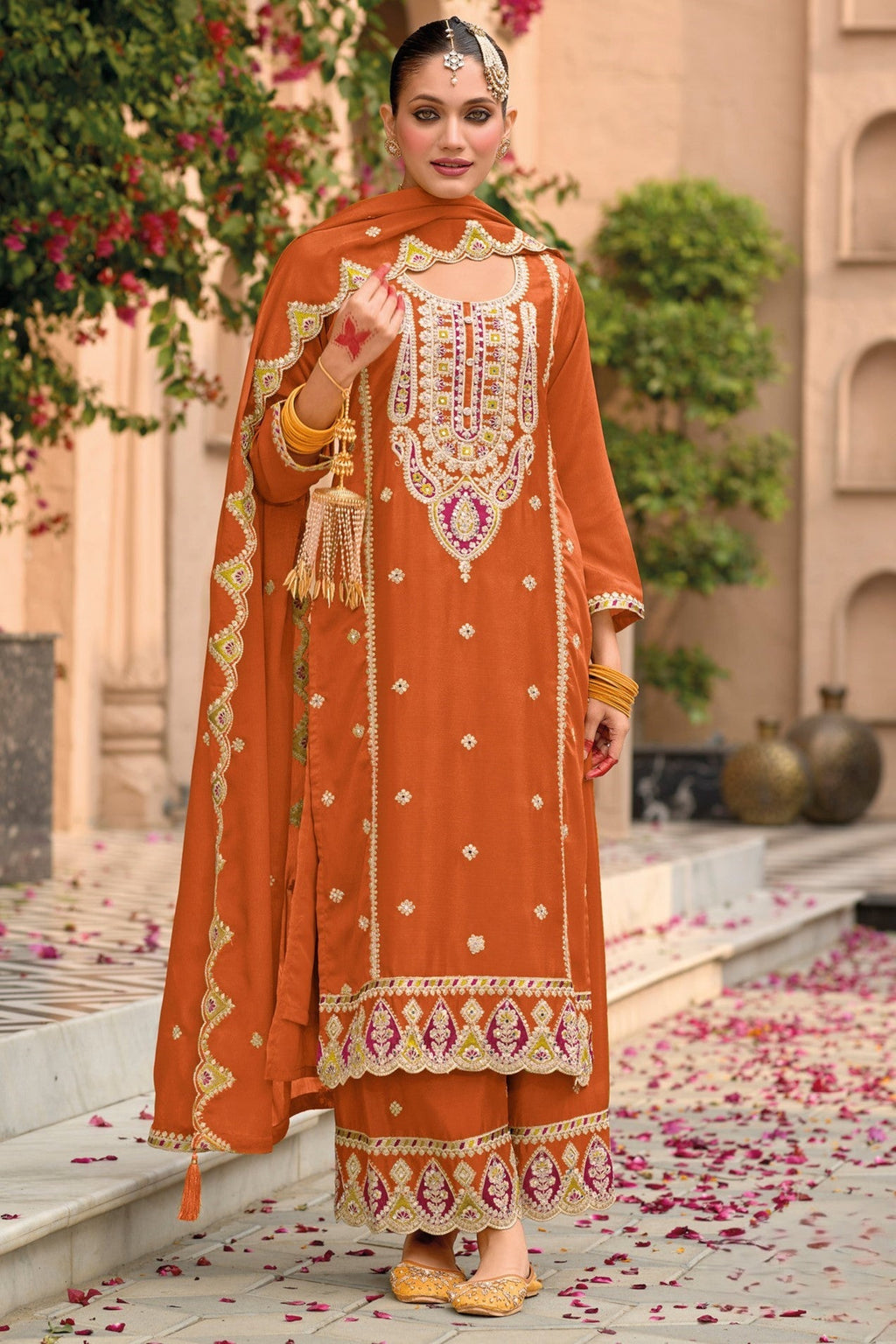 Orange Chinon Silk Kameez With Palazzo Suit For Indian & Pakistani Wedding Festival - Thread & Sequence Embroidery