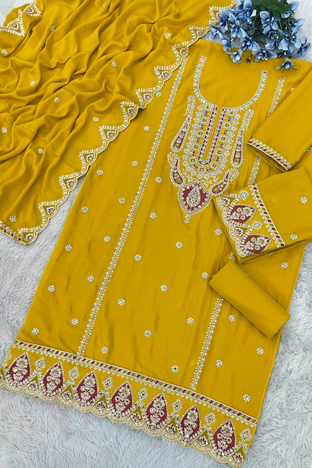 Yellow Chinon Silk Kameez With Palazzo Suit For Indian & Pakistani Wedding Festival - Thread & Sequence Embroidery
