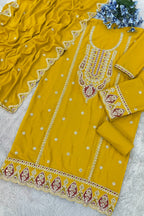 Yellow Chinon Silk Kameez With Palazzo Suit For Indian & Pakistani Wedding Festival - Thread & Sequence Embroidery