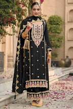 Black Chinon Silk Kameez With Palazzo Suit For Indian & Pakistani Wedding Festival - Thread & Sequence Embroidery