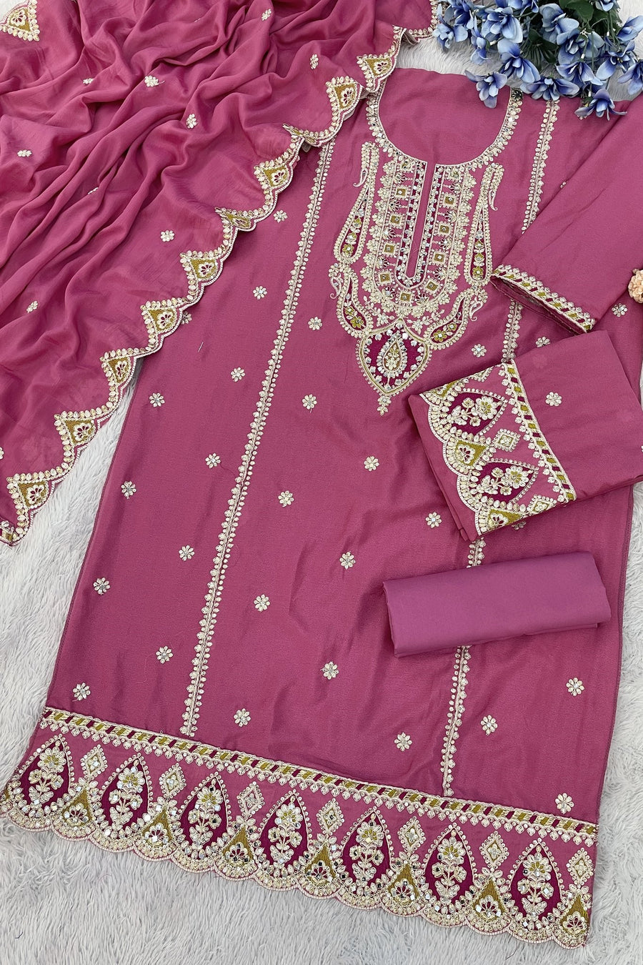 Pink Chinon Silk Kameez With Palazzo Suit For Indian & Pakistani Wedding Festival - Thread & Sequence Embroidery