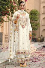 White Chinon Silk Kameez With Palazzo Suit For Indian & Pakistani Wedding Festival - Thread & Sequence Embroidery