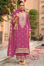 Pink Chinon Silk Kameez With Palazzo Suit For Indian & Pakistani Wedding Festival - Thread & Sequence Embroidery