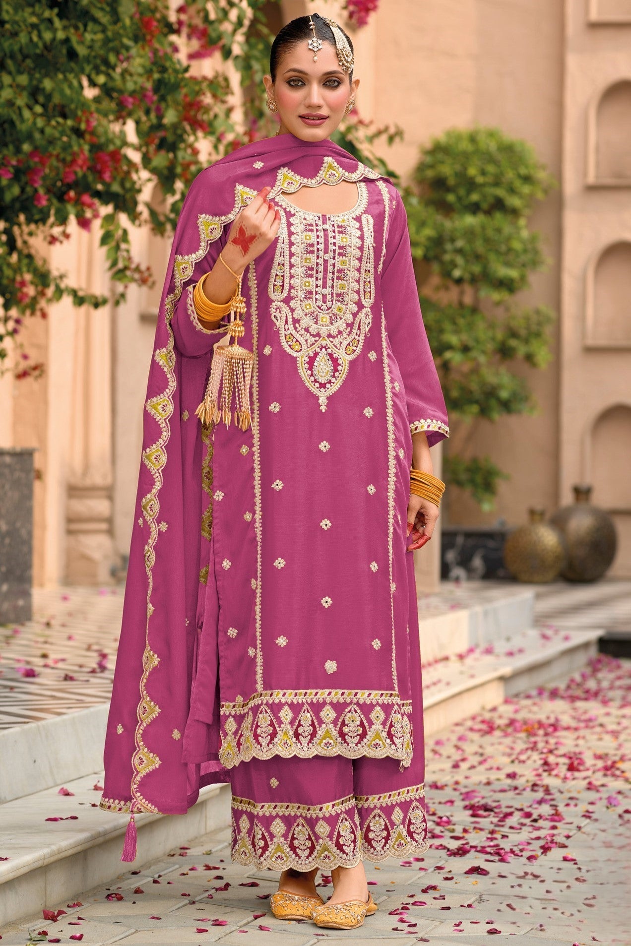 Pink Chinon Silk Kameez With Palazzo Suit For Indian & Pakistani Wedding Festival - Thread & Sequence Embroidery
