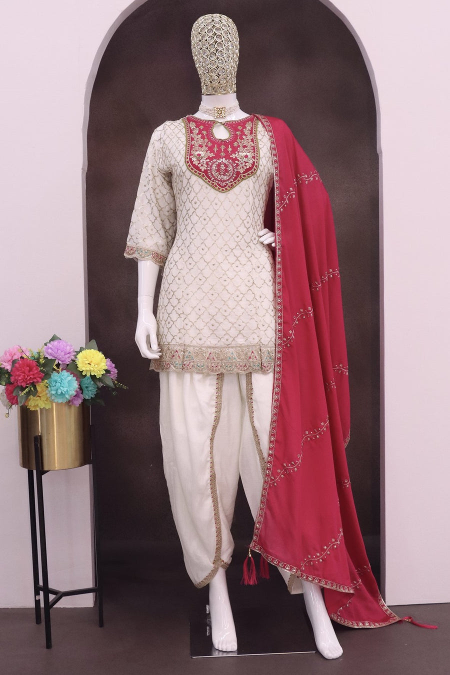 White Chinon Silk Kameez With Dhoti Suit For Indian & Pakistani Wedding Festival - Thread & Sequence Embroidery