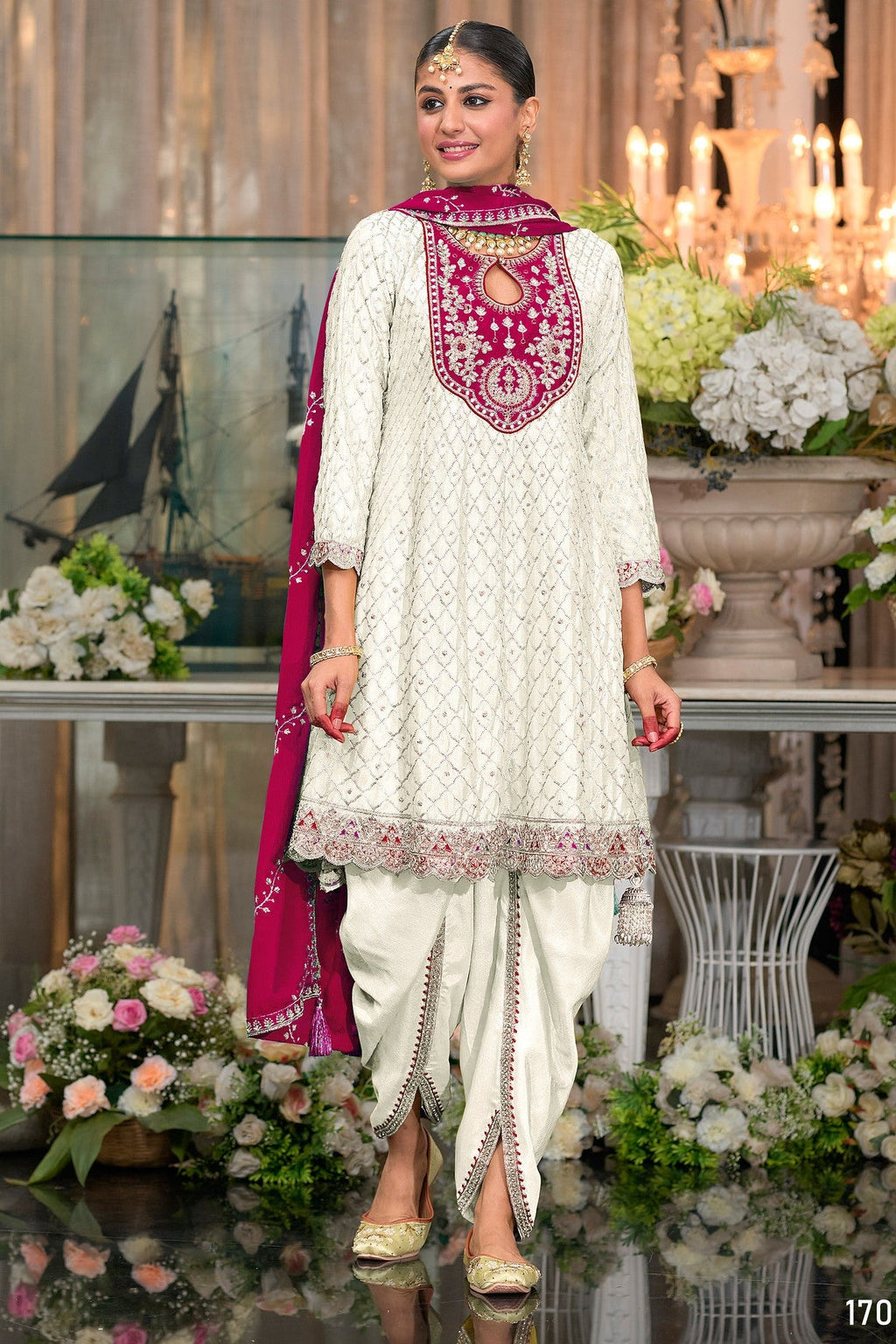 White Chinon Silk Kameez With Dhoti Suit For Indian & Pakistani Wedding Festival - Thread & Sequence Embroidery