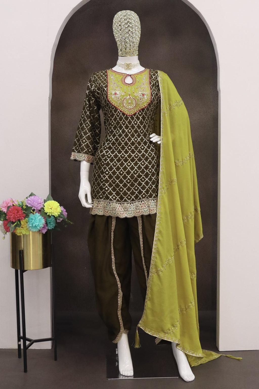 Green Chinon Silk Kameez With Dhoti Suit For Indian & Pakistani Wedding Festival - Thread & Sequence Embroidery
