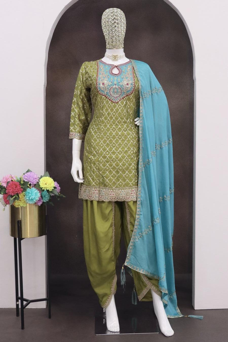 Lime Green Chinon Silk Kameez With Dhoti Suit For Indian & Pakistani Wedding Festival - Thread & Sequence Embroidery