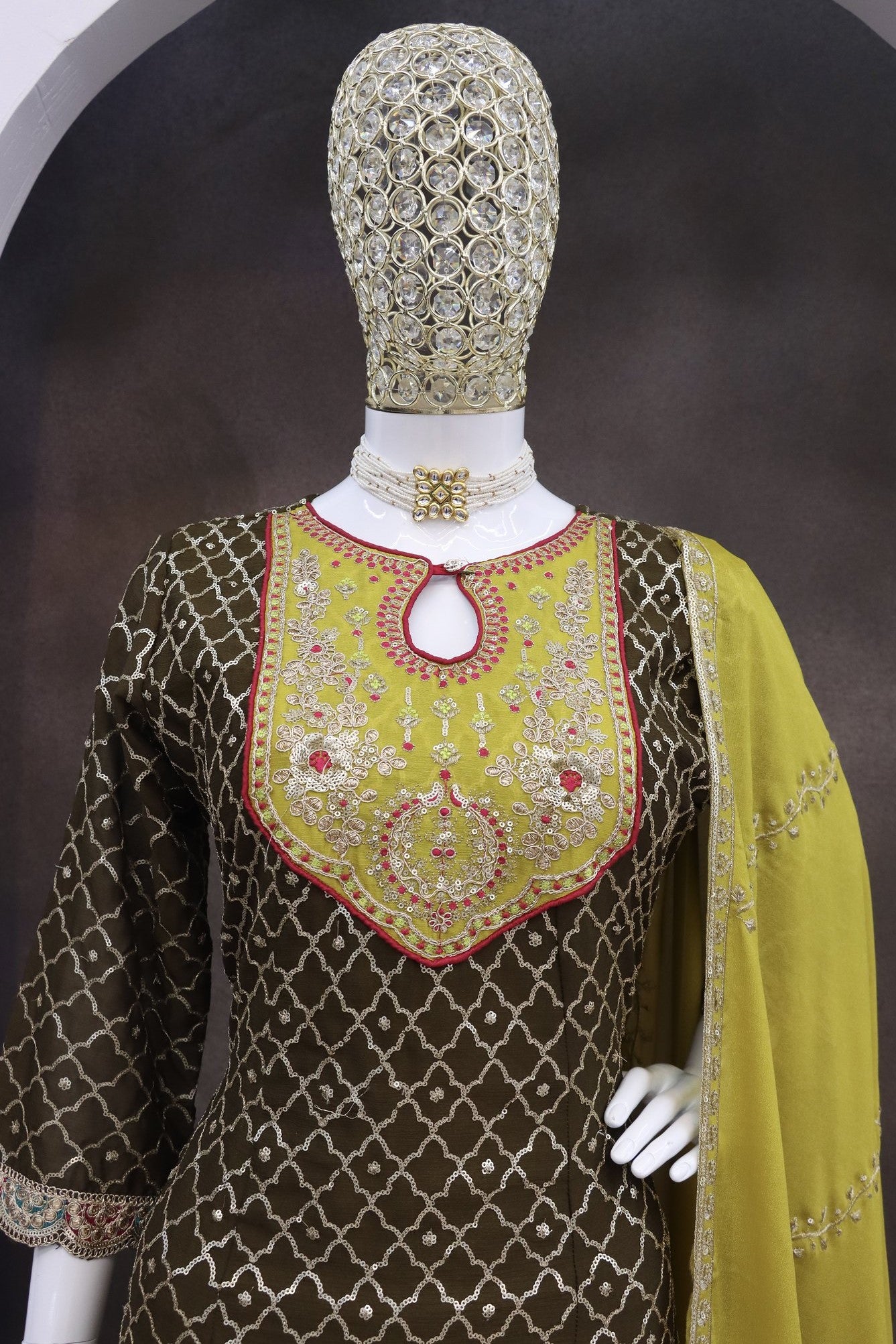 Green Chinon Silk Kameez With Dhoti Suit For Indian & Pakistani Wedding Festival - Thread & Sequence Embroidery