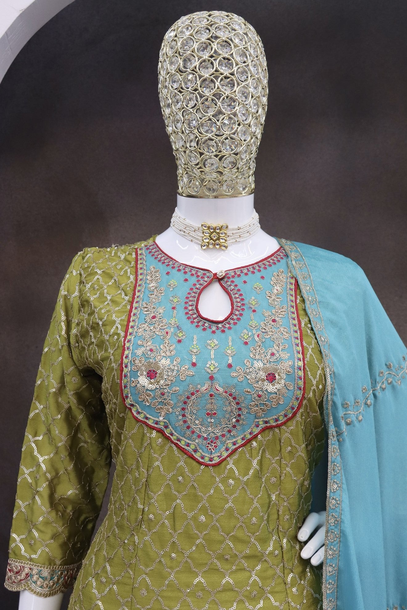 Lime Green Chinon Silk Kameez With Dhoti Suit For Indian & Pakistani Wedding Festival - Thread & Sequence Embroidery