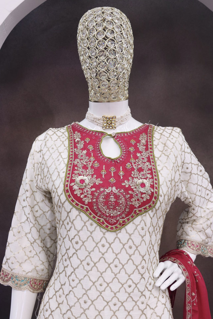 White Chinon Silk Kameez With Dhoti Suit For Indian & Pakistani Wedding Festival - Thread & Sequence Embroidery