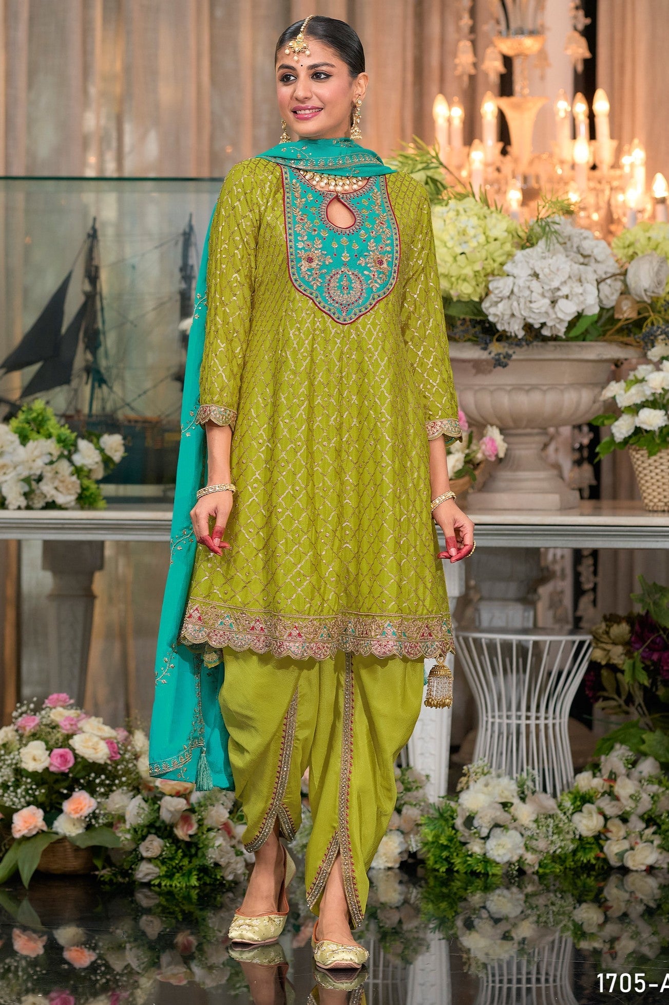 Lime Green Chinon Silk Kameez With Dhoti Suit For Indian & Pakistani Wedding Festival - Thread & Sequence Embroidery