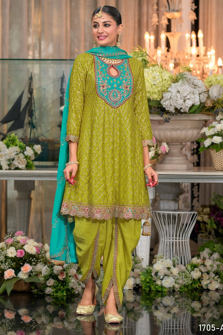 Lime Green Chinon Silk Kameez With Dhoti Suit For Indian & Pakistani Wedding Festival - Thread & Sequence Embroidery