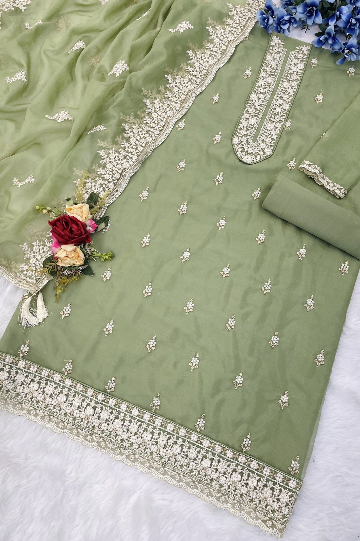 Olive Green Organza Silk Kameez With Pant For Indian & Pakistani Wedding Festival - Embroidery Work