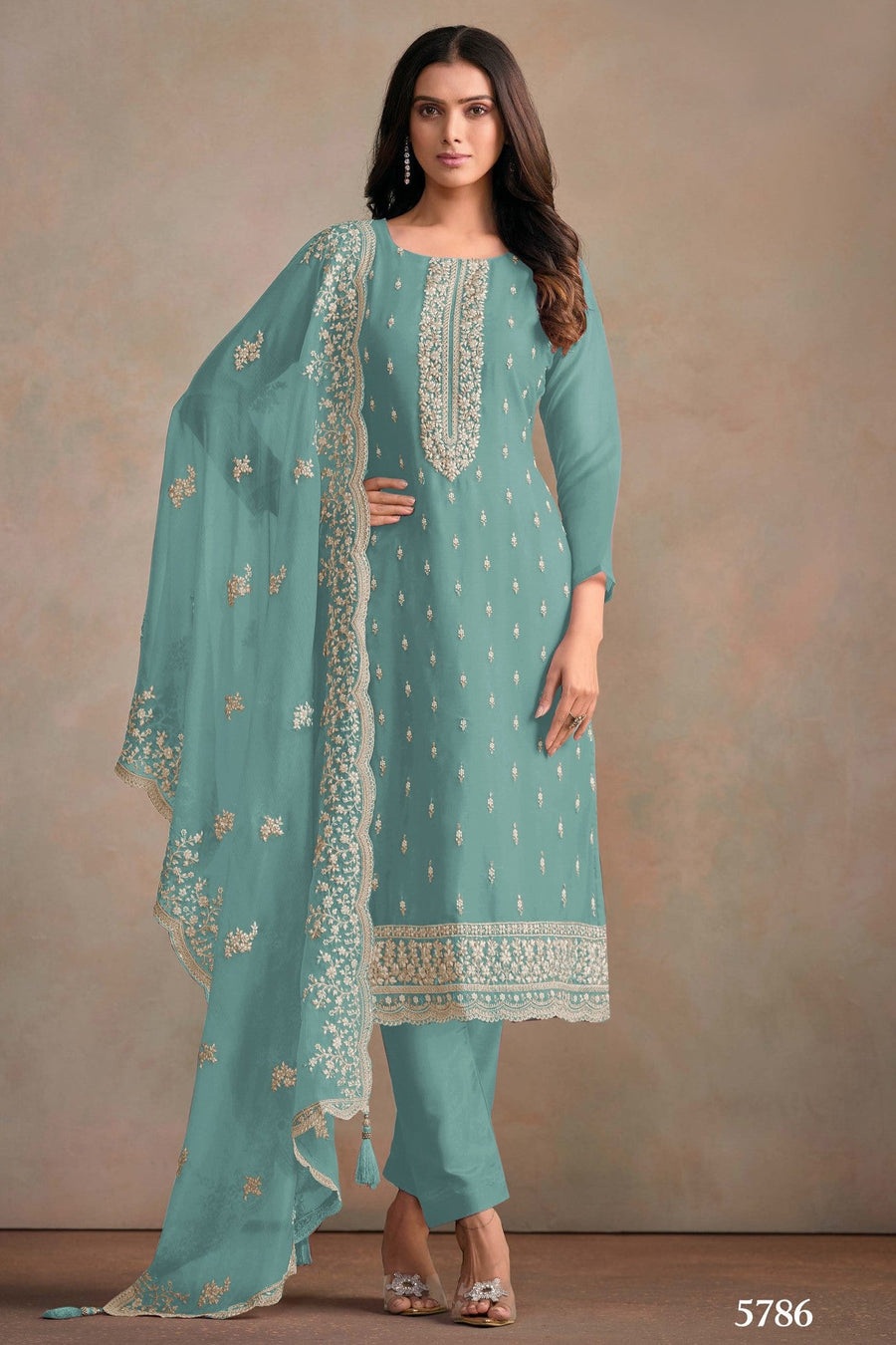 Teal Organza Silk Kameez With Pant For Indian & Pakistani Wedding Festival - Embroidery Work