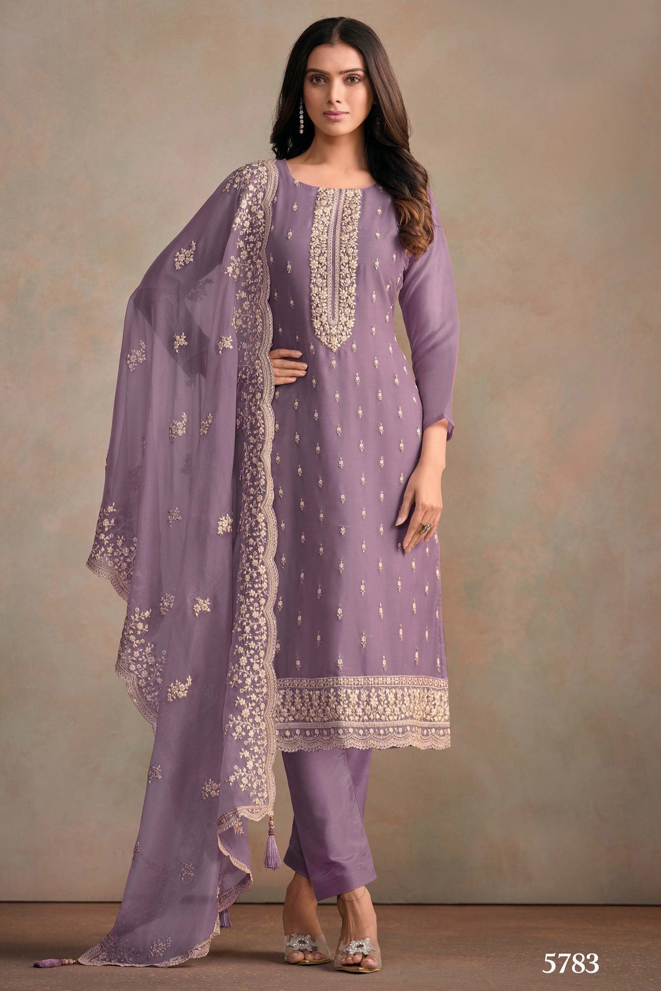 Purple Organza Silk Kameez With Pant For Indian & Pakistani Wedding Festival - Embroidery Work