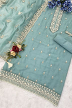 Teal Organza Silk Kameez With Pant For Indian & Pakistani Wedding Festival - Embroidery Work