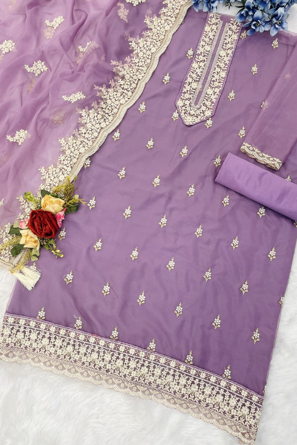 Purple Organza Silk Kameez With Pant For Indian & Pakistani Wedding Festival - Embroidery Work