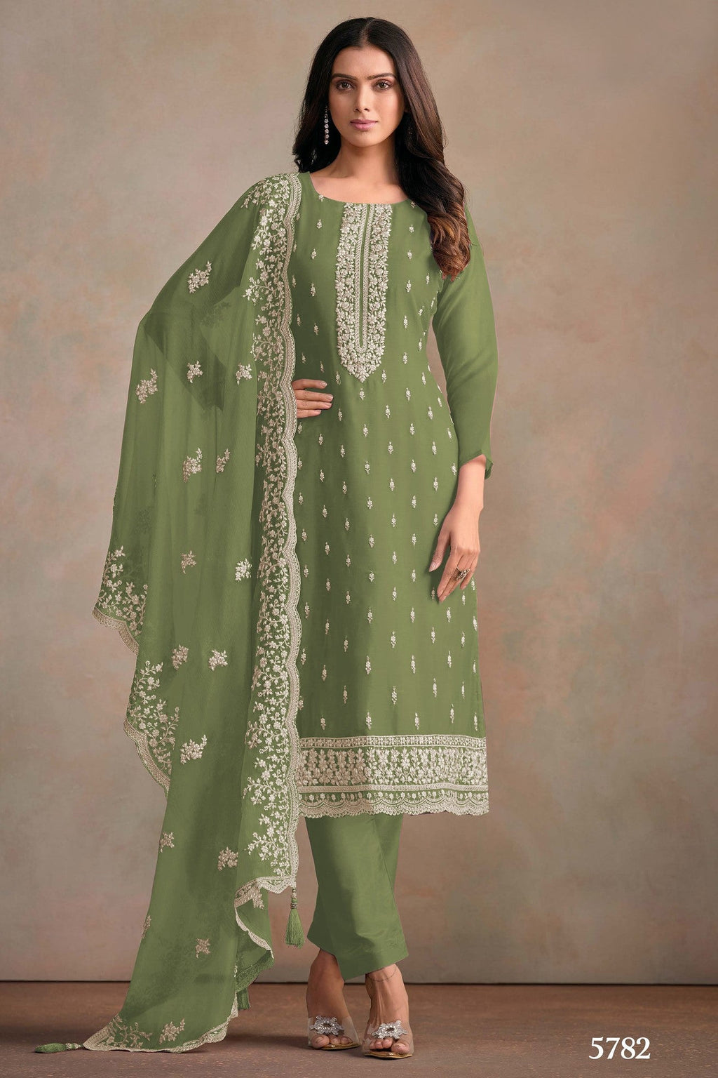 Olive Green Organza Silk Kameez With Pant For Indian & Pakistani Wedding Festival - Embroidery Work