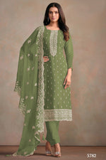 Olive Green Organza Silk Kameez With Pant For Indian & Pakistani Wedding Festival - Embroidery Work