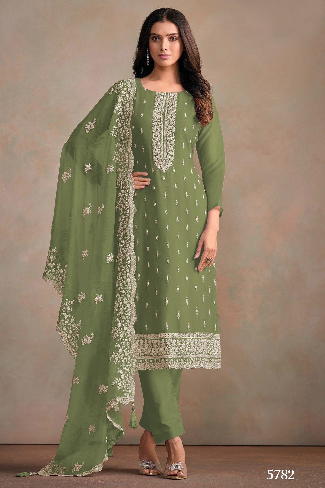 Olive Green Organza Silk Kameez With Pant For Indian & Pakistani Wedding Festival - Embroidery Work