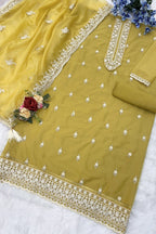 Yellow Organza Silk Kameez With Pant For Indian & Pakistani Wedding Festival - Embroidery Work