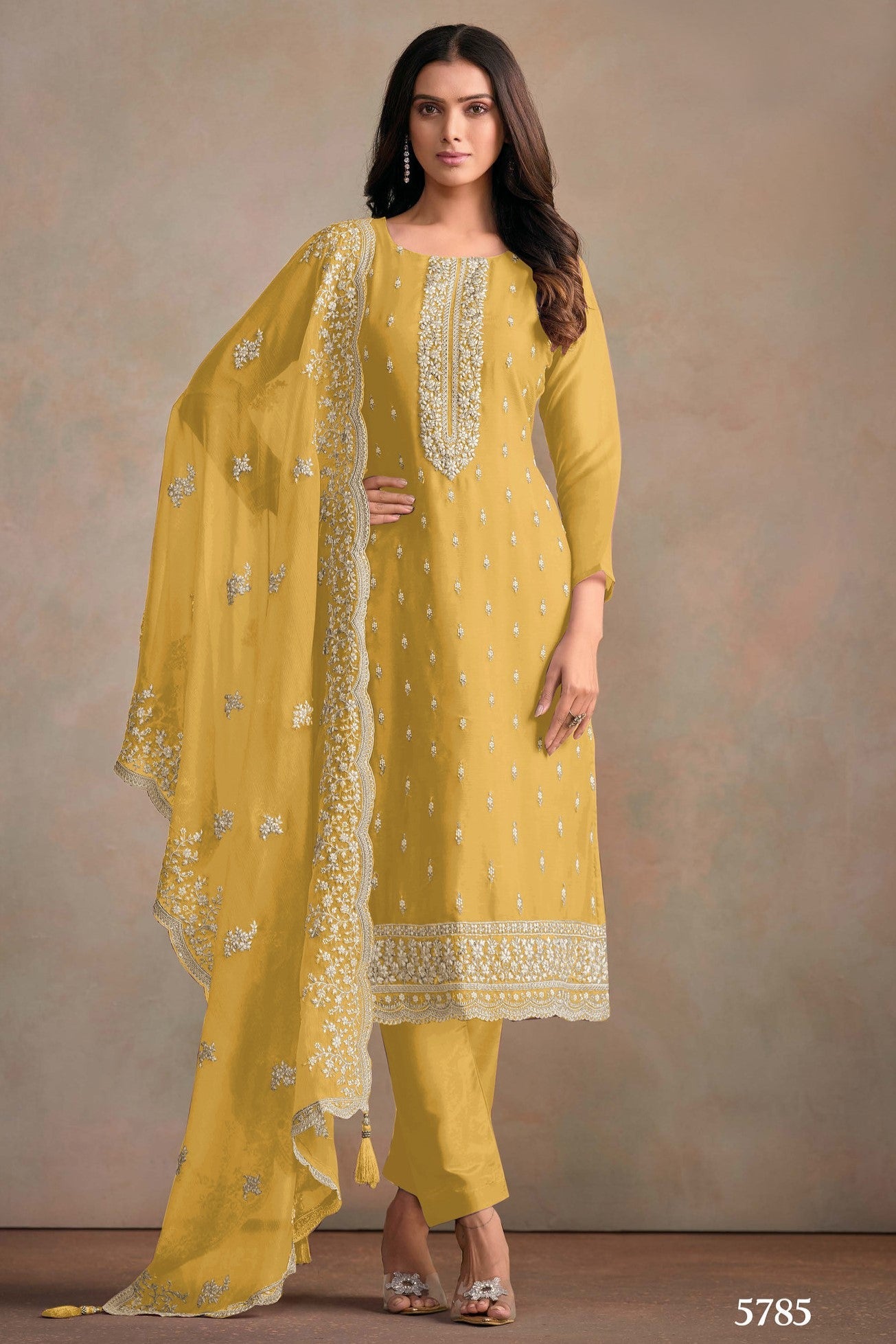 Yellow Organza Silk Kameez With Pant For Indian & Pakistani Wedding Festival - Embroidery Work